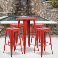 Flash Furniture CH-51080BH-4-30SQST-RED-GG 24" Round Bar Table Set with 4 Square Seat Backless Barstools in Red